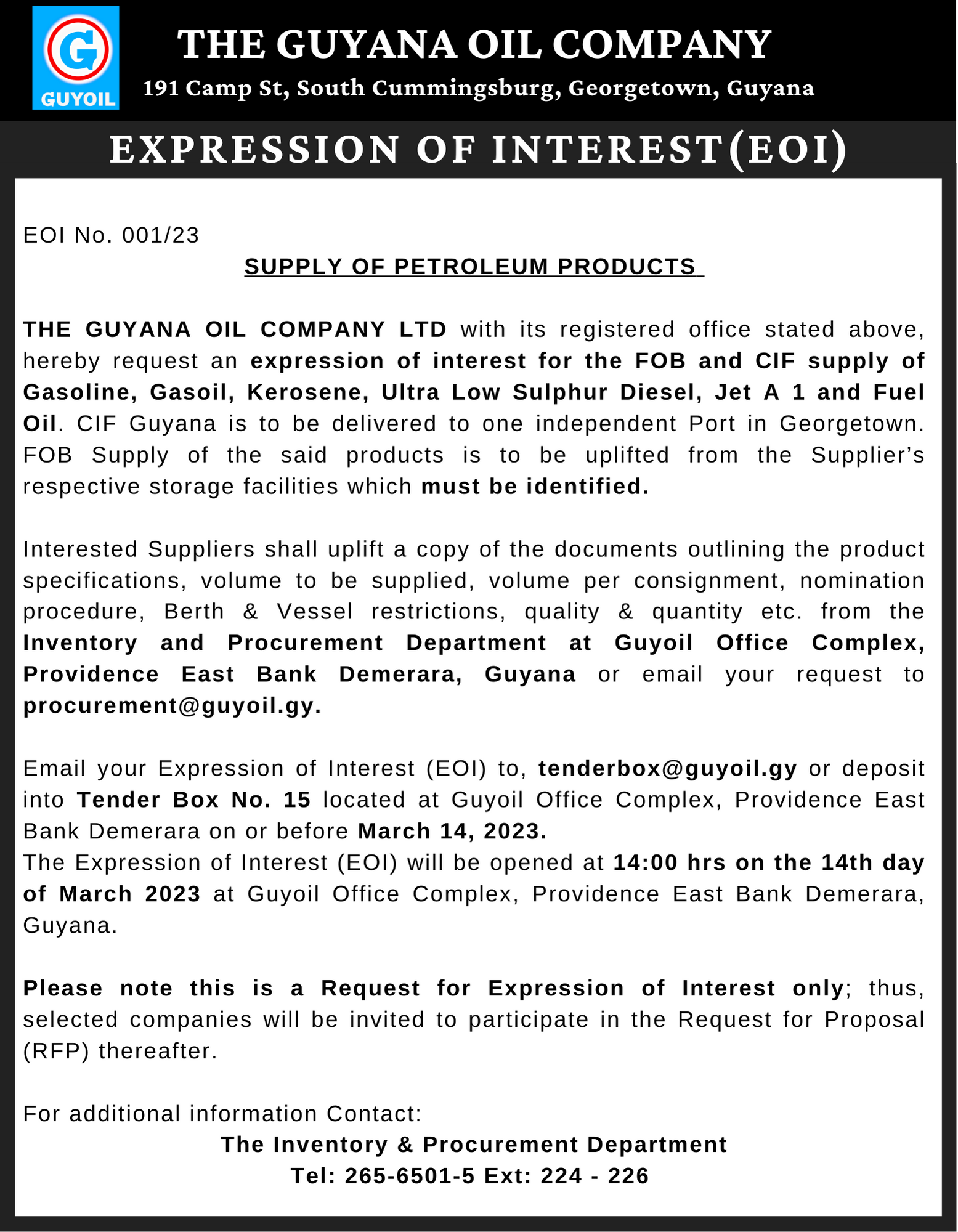 EXPRESSION OF INTEREST SUPPLY OF PETROLEUM PRODUCTS 2023 The Guyana expression-of-interest-supply-of-petroleum-products-2023-the-guyana