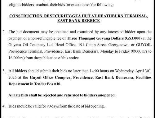 INVITATION FOR BID – CONSTRUCTION OF SECURITY/GEA HUT AT HEATHBURN TERMINAL, EAST BANK BERBICE
